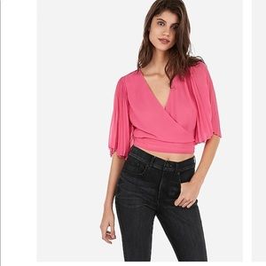 Pleated Kimono Sleeve Surplice Wrap Blouse